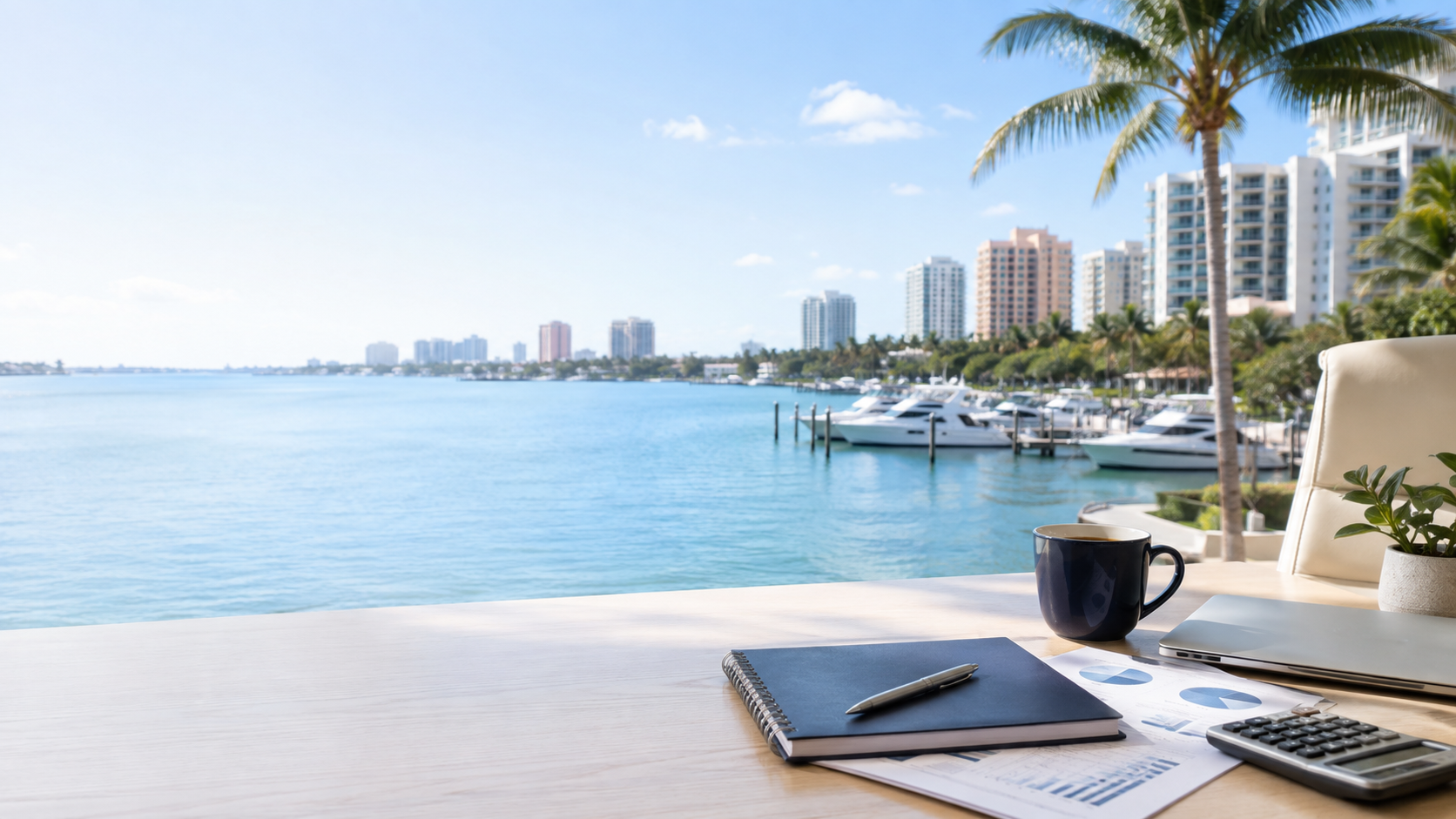 Coastal Florida waterfront office overlooking a marina and bay